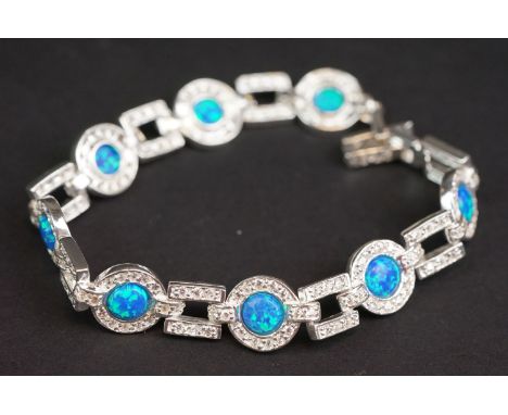 Silver, CZ &amp; opal cabochon bracelet 