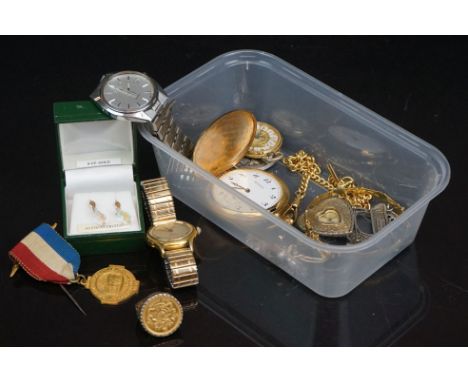 Collectables, to include Bernex gilt pocket watch, Albert chain, rolled gold bangle, silver ring, vintage Roamer watch, Inger