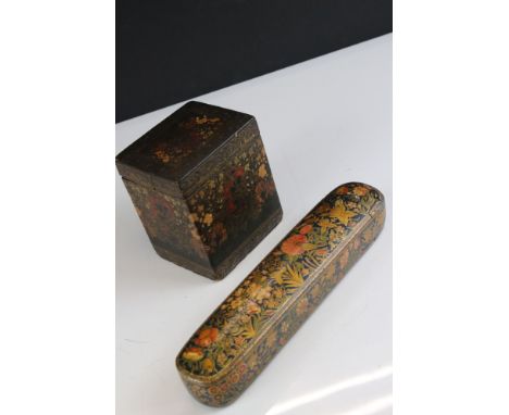Kashmir Painted and Lacquered Pen Box / Qalamdan decorated with Birds and Flowers, 25.5cms long together with Kashmir Papier 