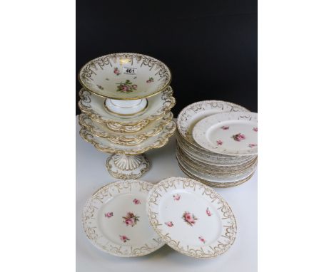 A 19th century ceramic part dinner service with gilt and hand painted floral decoration to include thirteen plates, tizzy and