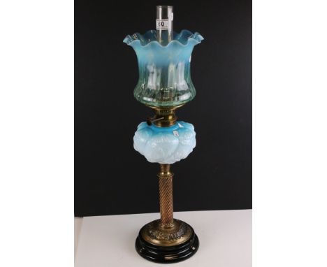 Late 19th / Early 20th century Oil Lamp with turquoise embossed glass font, brass column and turquoise / green frilled glass 