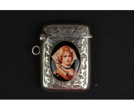 Antique silver vesta case with embossed decoration and enamel plaque 