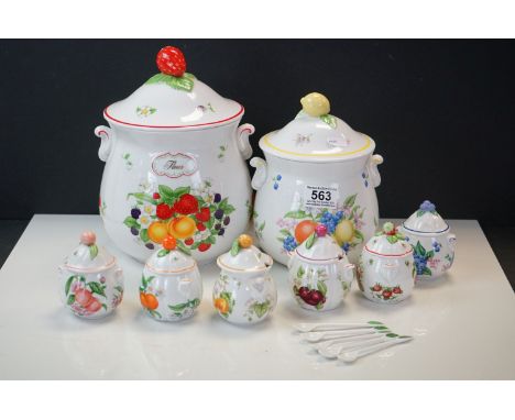 A collection of six Brooks Bentley preserve pots with ceramic spoons and two large decorative storage pots. 