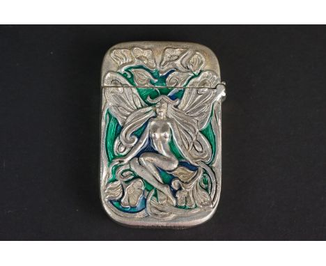 Silver plated vesta case, set with enamel and embossed with figure of a winged nymph 