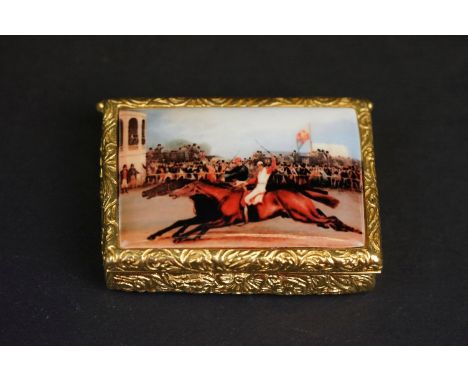 18ct gold plated pill box, with enamel lid depicting horses 