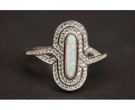 Silver, CZ &amp; opal panelled Art Deco style ring 