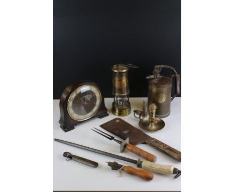 Mixed Lot of Collectable Items including Oak Cased Mantle Clock, British Coal Mining Brass Miners Lamp, Antique Wooden Handle