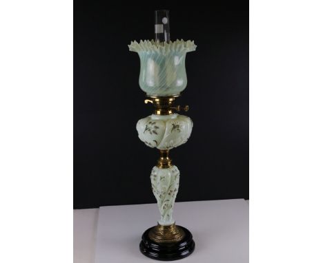 Late 19th / Early 20th century Oil Lamp with vaseline glass embossed column and matching font with gold coloured detail, bras