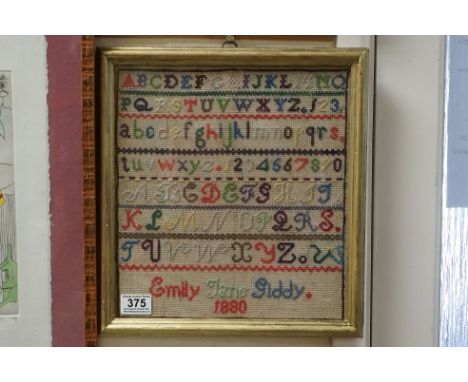 Gilt framed sampler, inscribed 'Emily Jane Giddy 1880' 