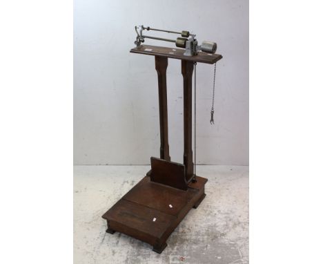 Set of Early 20th century French Oak Weighing Scales, 105cms high 