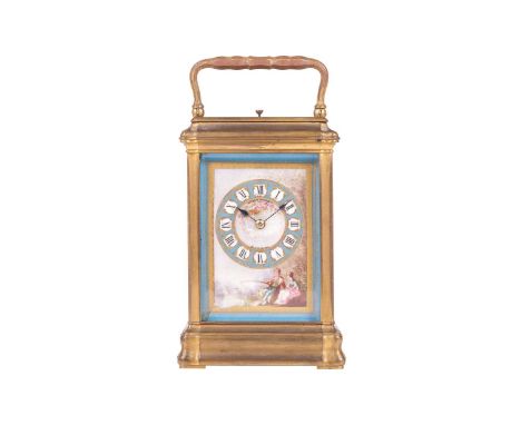 A late 19th-century French porcelain panelled repeating carriage clock, the brass case with canted corners enclosing porcelai
