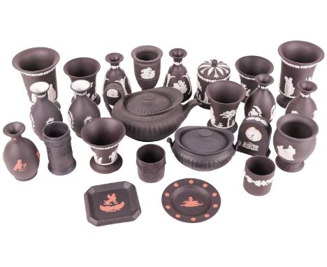 A large collection of Wedgwood black and white basalt ware, 19th and 20th century, to inlcude a teapot, covered suygar bowl, 