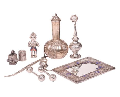 A Persian rectangular white metal and enamel hand mirror, possibly Qajar, with central mihrab flanked by embossed figures, th