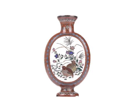 A  Chinese cloisonne moon flask of flattened form decorated with quail amongst millet and finches fliting betwixt branches. W