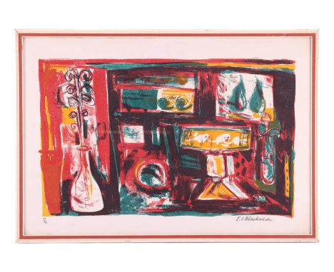 Dame Elizabeth Blackadder (1931 - 2021), Still life with font, pears and vases, signed in pencil 'E.V. Blackadder' numbered 3