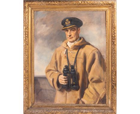 Sir Oswald Birley (1880-1952), Portrait of Captain Ralph Kerr, CBE RN (1891-1941), in uniform wearing a duffle coat and holdi