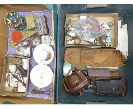 Two boxes of assorted items; plated cutlery, Cameras including vintage Kodak, matchbooks, whistle, boxes, etc. **PLEASE NOTE 