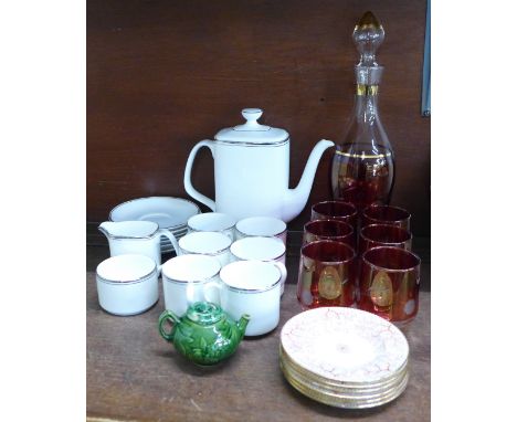 A Royal Doulton Platinum Concorde set comprising a coffee pot, milk jug, sugar bowl and six cups and saucers, a set of six Mi