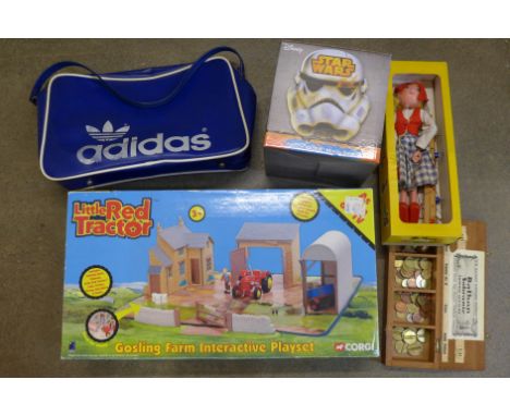 A Pelham puppet, Darth Vader money bank, 1970s Adidas bag, a vintage tape measure, coins and tokens, etc. 