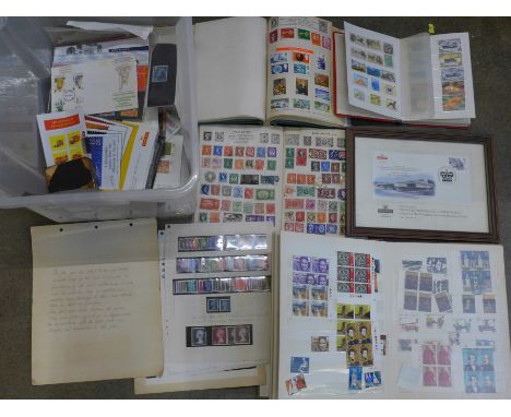 A box containing stamp albums, loose stamps and twenty Royal Mail mint stamp packs 