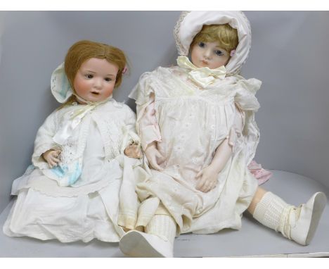 Two porcelain and composition dolls, Bru Jne 13 back stamp with fixed eyes and 585 13 Germany back stamp with sleep eyes 