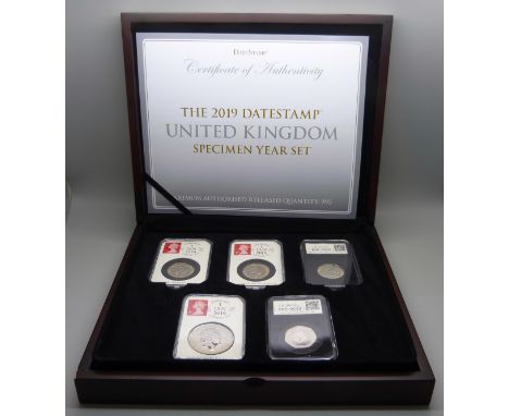 A 2019 Datestamp United Kingdom Specimen Year Set, Queen Victoria £5, D-Day £2, Samuel Pepys £2, Wedgwood £2 and Sir Arthur C