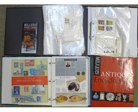 A Millers Antique Encyclopedia, first day covers and postcards 