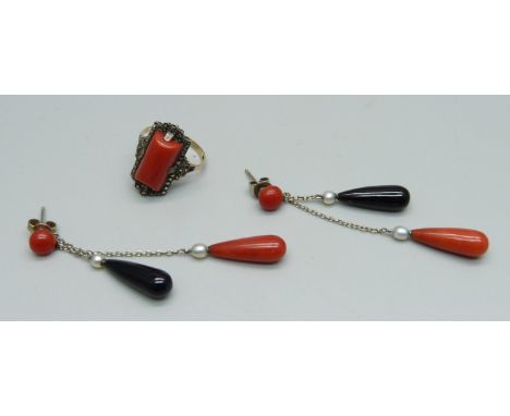 A pair of coral, onyx and pearl drop earrings and a 9ct gold and silver set Art Deco coral ring, size L 