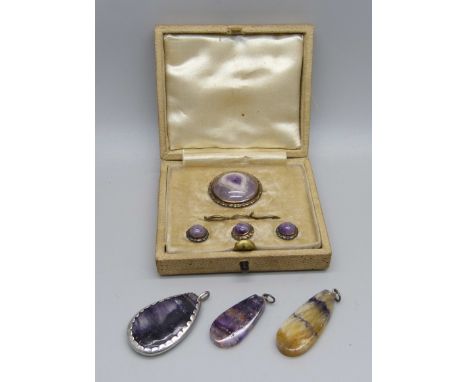 A silver and Blue John brooch and button set, boxed, and three Blue John pendants 