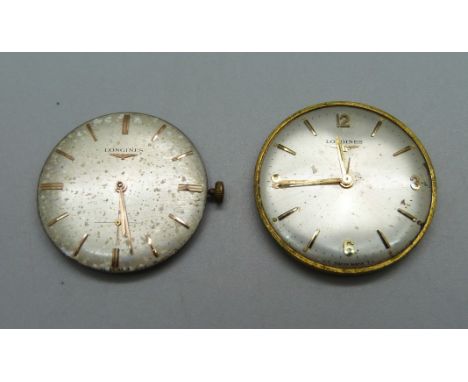 Two Longines manual 17 jewel wristwatch movements 