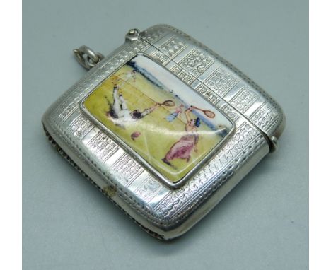 A silver vesta case with applied plaque with tennis scene, engine turned case, Birmingham 1906, 35g 