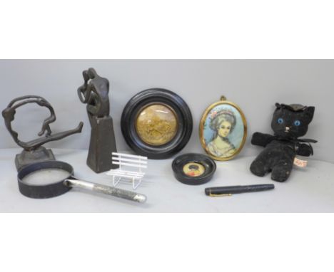Two metal sculptures, a 19th Century portrait of a soldier, ink pen, etc. 