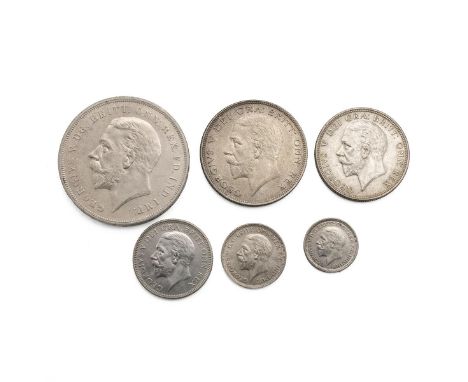 Six (6) 1935 George V silver coins, including Rocking Horse Crown, Halfcrown, Florin, Shilling, Sixpence and Threepence. Grad