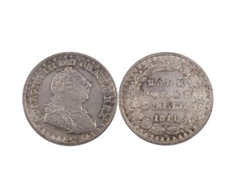 1811 George III silver Three Shillings Bank Token, 26 acorns (S 3769, ESC 408 A1/A2, Bull 2065). Obverse: first laureate drap