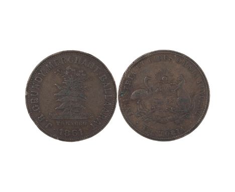 Australia, 1861 token, J R Grundy, Ballarat, Victoria. Obverse: tobacco plant, 'TOBACCO' and date (1861) below, 'J.R. GRUNDY,