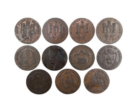 Eleven (11) Norwich, Norfolk copper Halfpenny tokens, including 1792 castle above lion, Bolingbrokes, stop after 'Flourish' (