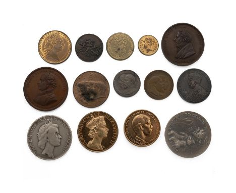 Fourteen (14) British and world medals and tokens, with some silver, including 1756-dated Louis XV Dat Escam Esurientibus jet