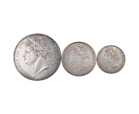 Three (3) 1821 George IV silver coins, including Halfcrown, lighter garnishing (S 3807, ESC 631, Bull 2360 - contact marks on