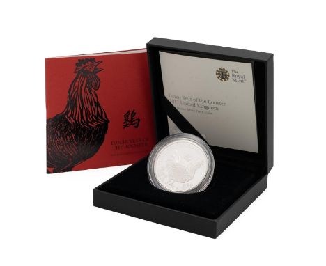 2017 silver proof Lunar Rooster 1oz. Obverse: Elizabeth II, 'ELIZABETH II · D · G · REG · F · D · 2 POUNDS ·' around. Reverse