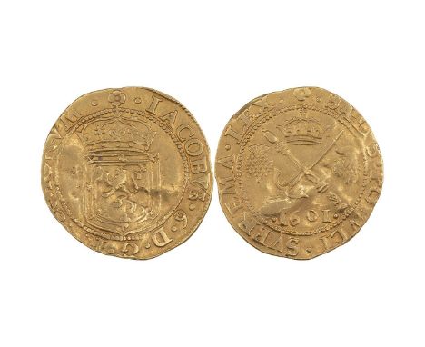 Scotland, 1601 James VI gold Sword And Sceptre/120 Shilling (S 5460). Obverse: crowned royal arms of Scotland within a beaded