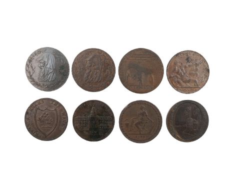 Eight (8) Wales, Scotland and Ireland copper Halfpenny tokens, including 1793 North Wales, druid, London, Bristol Lancaster (