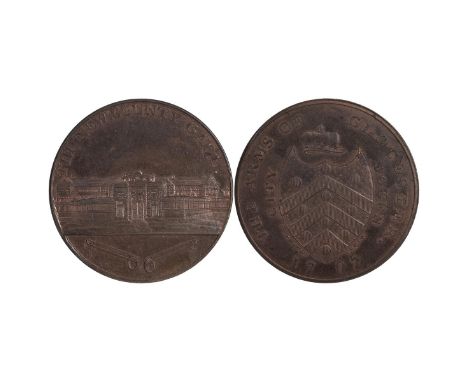 1797 Gloucester,&nbsp;Gloucestershire copper Penny token, New County Gaol (DH 10). Obverse: architectural engraving of the ja