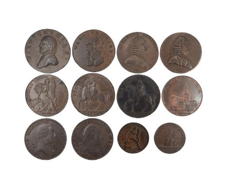 Twelve (12) Warwickshire copper Halfpenny and Farthing tokens, including 1791 County, Shakespeare, woman with cornucopia (DH 