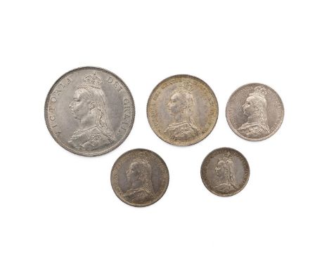 Five (5) 1887 Victoria silver coins, including Florin, Shilling, withdrawn type Sixpence, crowned wreath Sixpence, and Threep