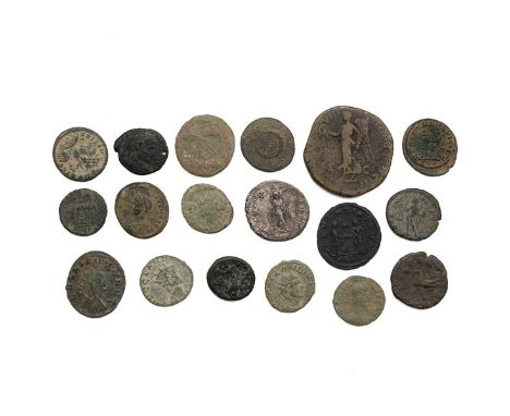 Eighteen (18) Roman silver and bronze coins, including Crispus and Probus, a Sestertius, and a billon Antonianus, among other