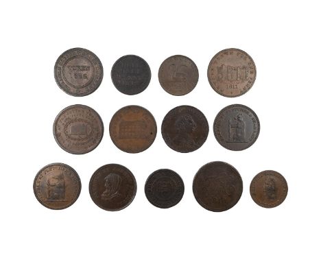 Thirteen (13) 19th-century copper Penny and Halfpenny tokens, including 1812 Cheadle Copper and Brass Company Penny (W 667); 