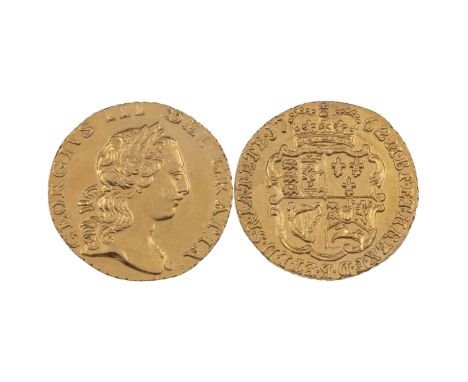 1762 one year only type George III gold Quarter Guinea (S 3741, Bull 886). Obverse: laureate bust, facing right with 'GEORGIV