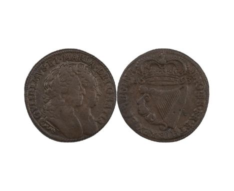 Ireland, 1693 William and Mary copper Halfpenny, milled edge (S 6597). Obverse: conjoined busts, right, 'GVLIELMVS · ET · MAR