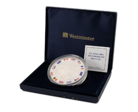 Gibraltar, 2004 silver D-Day 5oz. Obverse:&nbsp; Elizabeth II portrait, 'ELIZABETH II GIBRALTAR 2004' around. Reverse: Norman