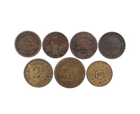 Seven (7) miscellaneous tokens, including, Belfast, Ferrar &amp; Co Silk Mercers Donegall Place Farthing (W 5400); R Hoare, G